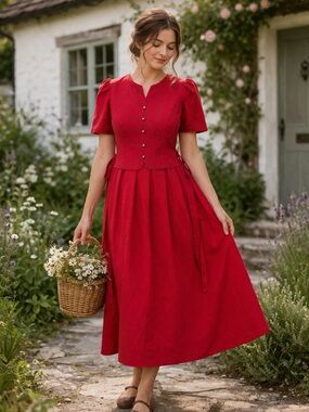 VTG Red Button-Front Midi Dress Tie back waist modest cottage